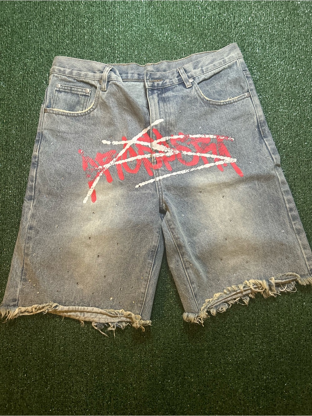 Men's Blue Denim Jean Shorts with Red Graphic